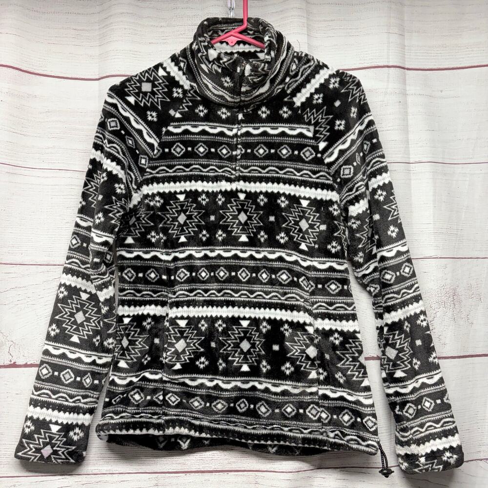 Eddie Bauer Quest Fleece 1/4 Zip Pullover Black White Geometric Print Size S